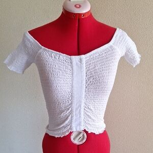 BP White Smocked Off-Shoulder Crop Top